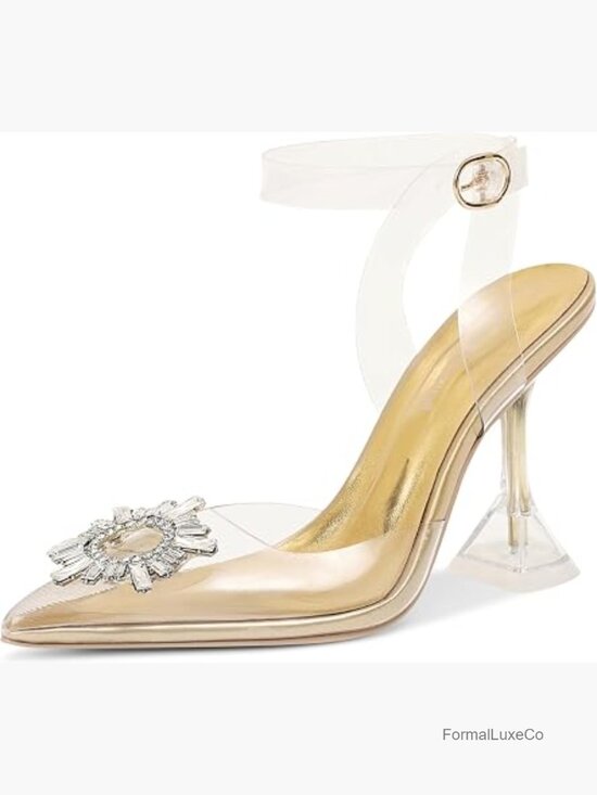 Shoes - Clear Heels Slingback Rhinestone Pointed Toe Stiletto Sandals